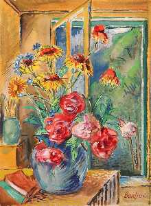 Vase with red and yellow flowers
