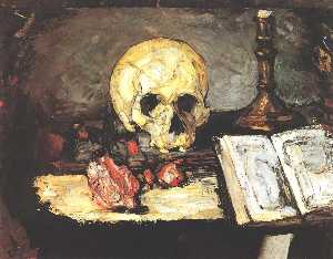 Paul Cezanne - Still life with skull, candle and book