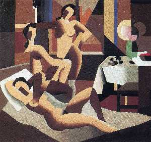 Three nudes in an interior