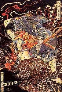 Oki no Jiro Hiroari killing a monstrous tengu