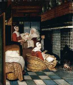 Interior with a Family and Two Nurses before a Fire