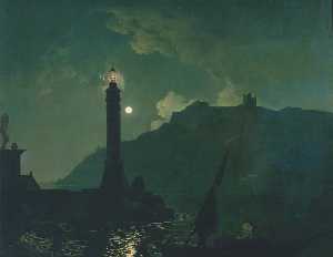 A Moonlight with a Lighthouse, Coast of Tuscany