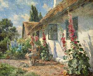 Summer day in the garden with a girl knitting