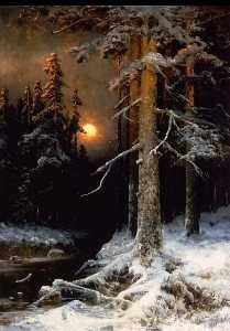 Julius Sergius Von Klever - Wintry Woodland Landscape With Full Moon
