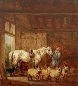 A White Horse With A Groom, And Sheep In A Barn