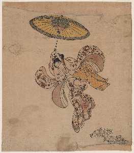 Young Woman Jumping From The Kiyomizu Temple Balcony With An Umbrella As A Parachute