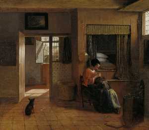 Interior with a Mother delousing her child-s hair known as - A Mother-s duty-