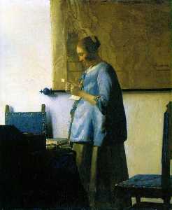 Woman in blue reading a letter, , Rij