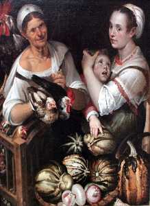 Two market women and a boy with chicken and vegetables