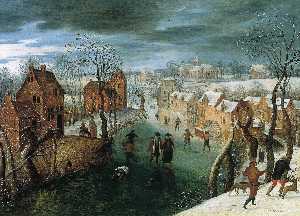 Winter Landscape with people skating on a frozen river and hunters in the foreground