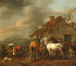 un grupo de las figuras y caballos con un Casa de campo en el fondo