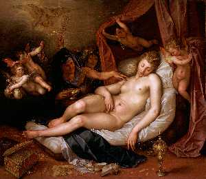 Danae receiving Jupiter as a shower of gold. Alternative titles The Sleeping Danae Being Prepared to Receive Jupiter Danaë