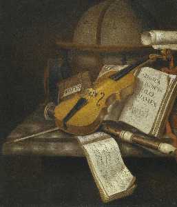 A vanitas still life with a violin, a recorder and a score of music on a marble table top