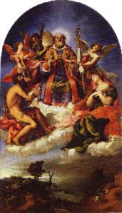 Lorenzo Lotto - St. Nicholas in Glory with St. John the Baptist, St. Lucy and below St. George Slaying the Dragon