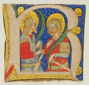Olivetan Master - Manuscript Leaf Cutting showing an Illuminated Initial R with St. Protasius and St. Gervasius