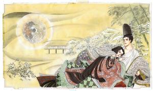 Waki Yamato - Lady Murasaki and Genji at Nijō on a snowy night after his overtures to Princess Asagao are finally over, from the manga series The Tale of Genji: Dreams at Dawn (Genji monogatari: Asaki yumemishi)