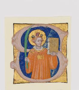 Master Of The Brussels Initials - Manuscript Illumination with Saint Stephen in an Initial S, from an Antiphonary