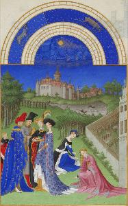 Limbourg Brothers - Calendar: April (Courtly Figures in the Castle Grounds)
