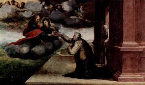 Domenico Di Pace Beccafumi - Saint Catherine of Siena receiving the stigmata between Saints Benedict and Jerome (detail)