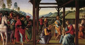 Pietro Perugino (Pietro Vannucci) - Altarpolyptychon, Predellatafel scene: Adoration of the Magi