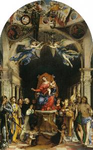 Lorenzo Lotto - Altar polyptych of San Bartolomeo, Bergamo, main panel: Enthroned Madonna with Angels and Saints - Alexander of Bergamo, Barbara, Roch, Dominic
