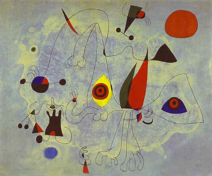Wikioo.org - The Encyclopedia of Fine Arts - Painting, Artwork by Joan Miro - Women and Birds at Sunrise