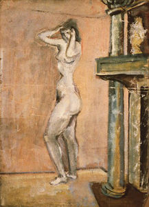 Untitled (female nude standing by a fireplace)