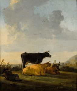 Landscape with three cows and a shepherd boy