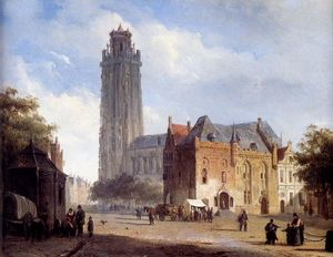 Cornelis Springer - A Cathedral On A Townsquare In Summer