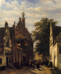 Cornelis Springer - Figures in a Street in Delft
