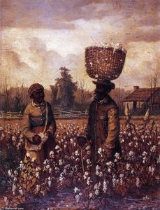 Negro Man and Woman in Cotton Field with Cabin