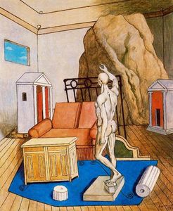 Giorgio De Chirico - Furniture and rocks in a room