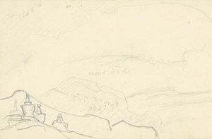 Cursory sketch of mountain landscape with stupas