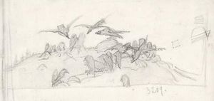 Sketch of crows on burial mound