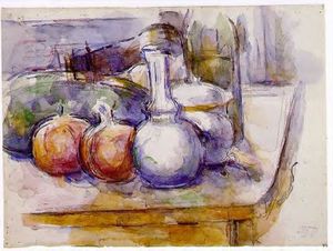 Paul Cezanne - Still Life with Carafe, Sugar Bowl, Bottle, Pommegranates and Watermelon