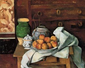 Paul Cezanne - Vessels, Fruit and Cloth in front of a Chest