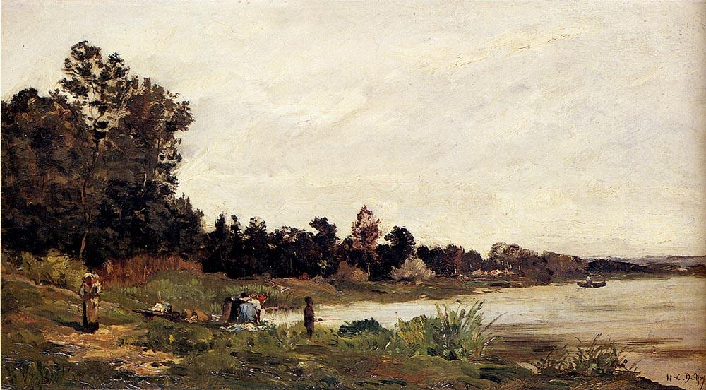 Wikioo.org - The Encyclopedia of Fine Arts - Painting, Artwork by Hippolyte Camille Delpy - Washerwomen In A River Landscape