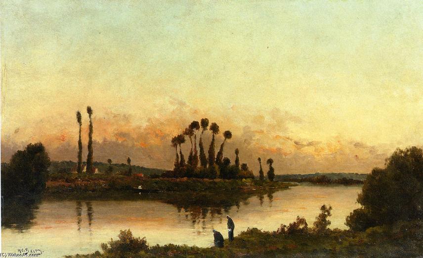 Wikioo.org - The Encyclopedia of Fine Arts - Painting, Artwork by Hippolyte Camille Delpy - Washerwomen in an Extensive River Landscape