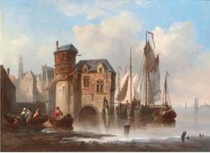 Barges moored off a merchant's house in the Low Countries