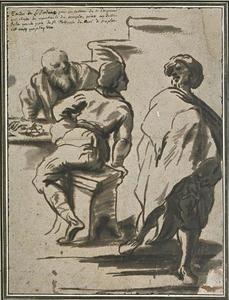 Two men at a table covered with silver