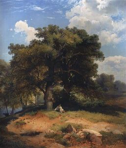Landscape with oak trees and shepherd