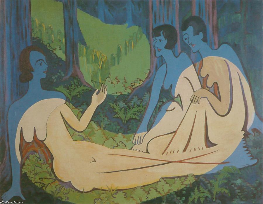 Wikioo.org - The Encyclopedia of Fine Arts - Painting, Artwork by Ernst Ludwig Kirchner - Three Naked in the Forest