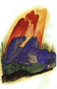 Franz Marc - Two Blue Horses in front of a Red Roc
