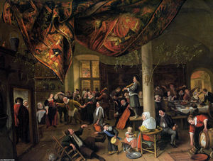Jan Steen - A Village Wedding Feast with Revellers and a dancing Party