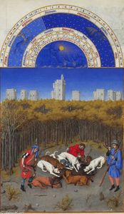 Limbourg Brothers - Facsimile of December: Hunting Wild Boar
