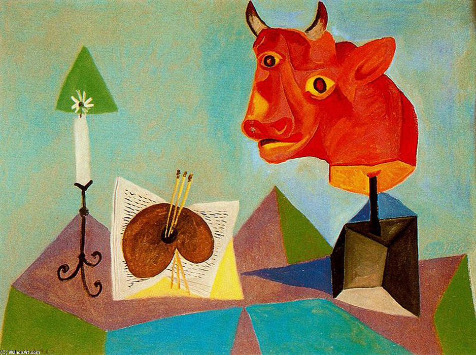 Wikioo.org - The Encyclopedia of Fine Arts - Painting, Artwork by Pablo Picasso - Candle, palette, head of red bull