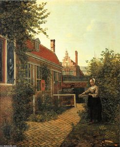 Pieter De Hooch - Woman with basket of beans in the kitchen garden
