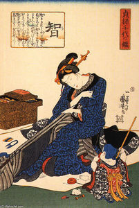 A seated woman sewing a kimono
