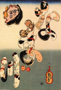 Utagawa Kuniyoshi - Cats forming the caracters for catfish