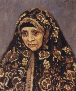 The old woman with a patterned headscarf